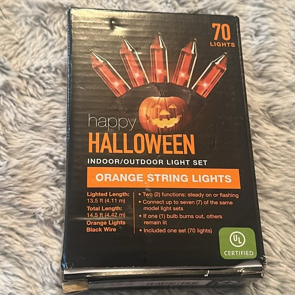 Happy Halloween 70 Orange String Lights Indoor Outdoor Black Wire 14.5ft 653096